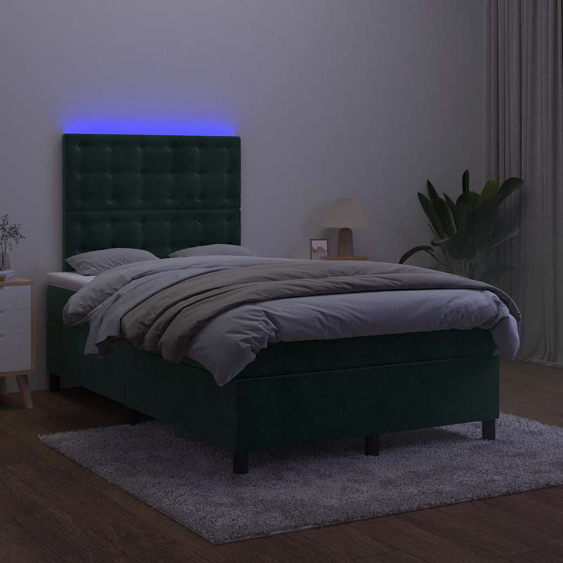 Pat cu arcuri, saltea și LED, verde închis, 120x200 cm, catifea