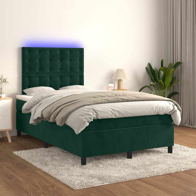 Pat cu arcuri, saltea și LED, verde închis, 120x200 cm, catifea