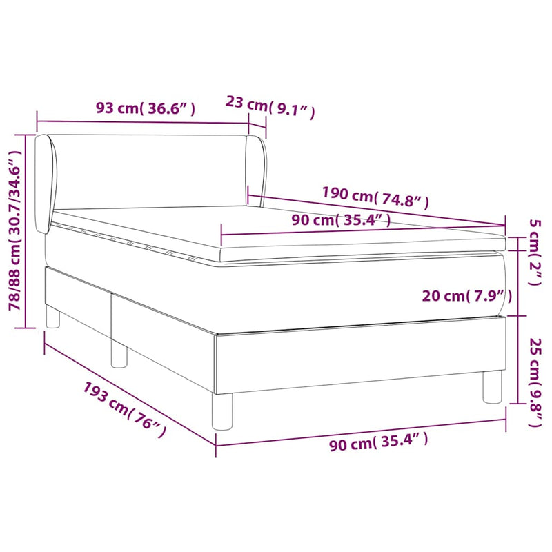 Pat box spring cu saltea, albastru, 90x190 cm, textil