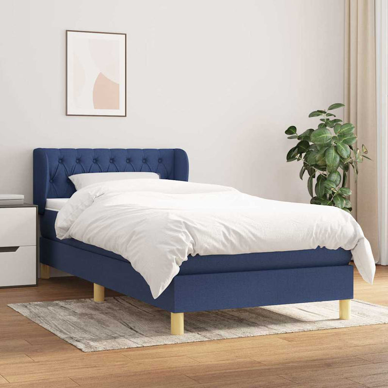 Pat box spring cu saltea, albastru, 100x200 cm, textil