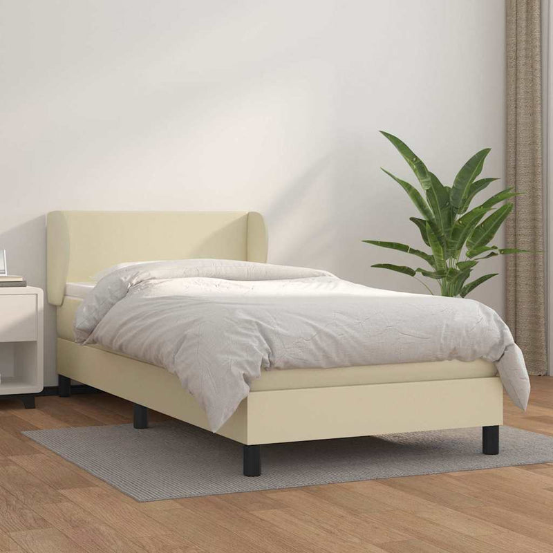Pat box spring cu saltea, crem, 100x200 cm, piele ecologică