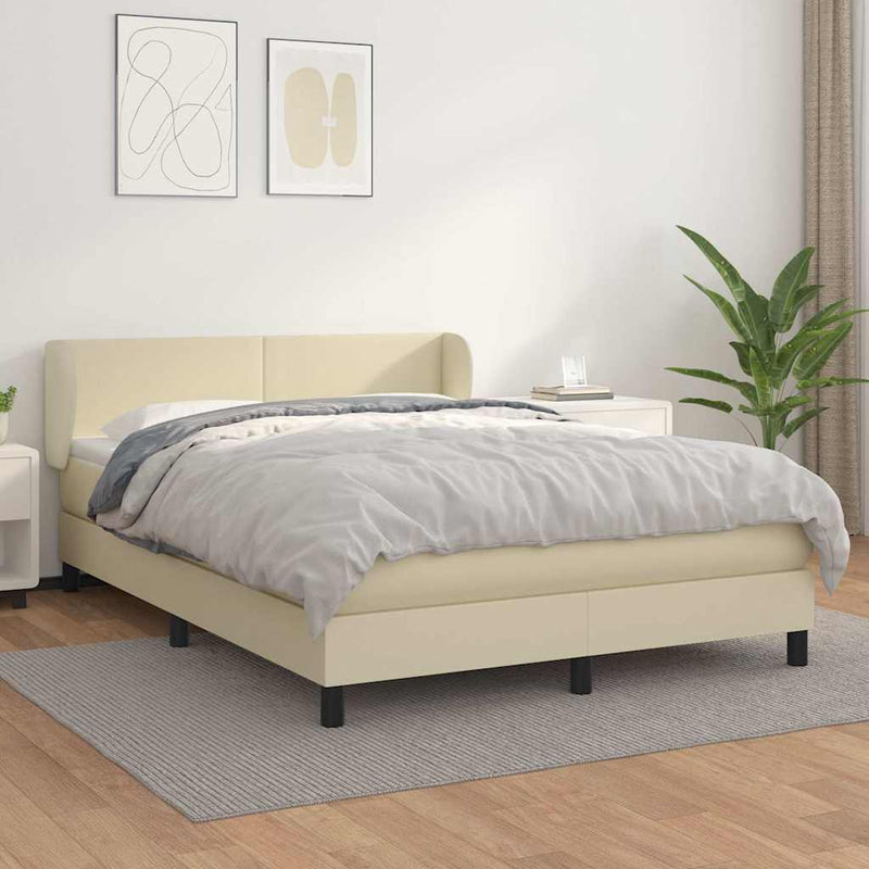 Pat box spring cu saltea, crem, 140x190 cm, piele ecologică