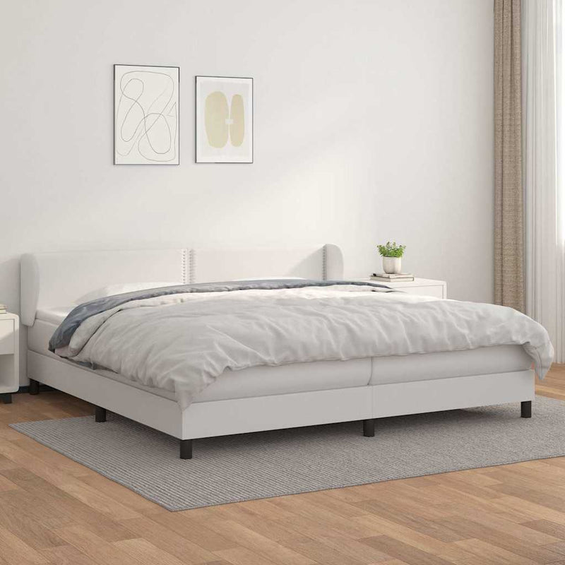 Pat cu arcuri, cu saltea, alb, 200x200 cm, piele ecologică
