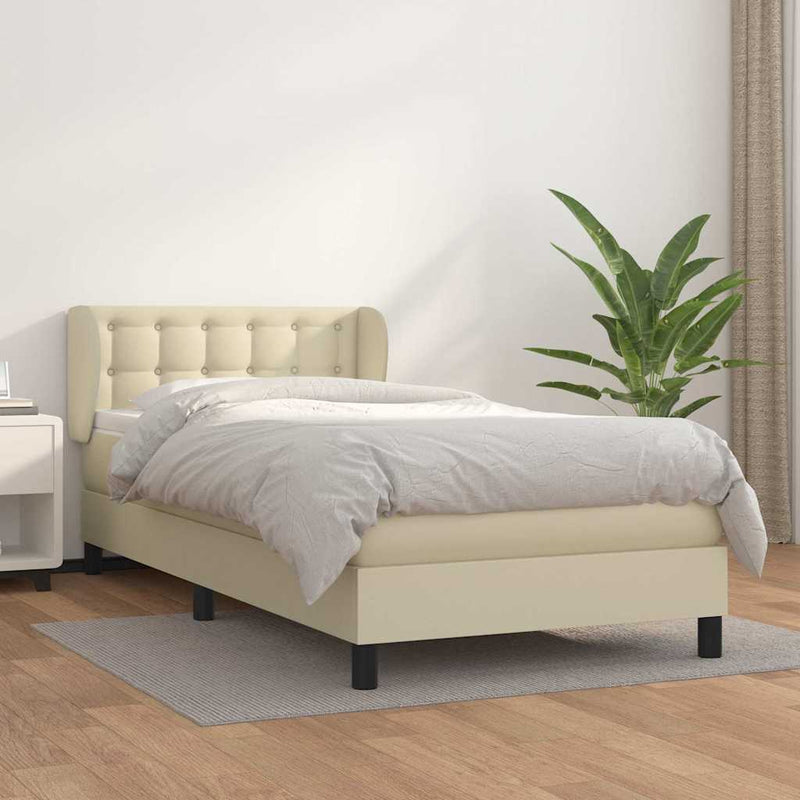 Pat box spring cu saltea, crem, 90x200 cm, piele ecologică