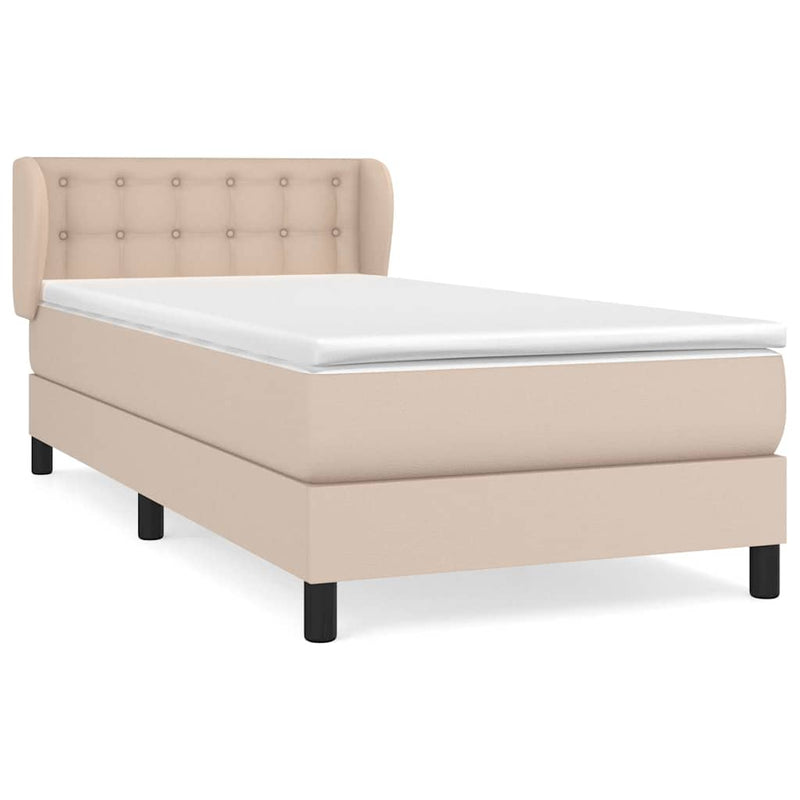 Pat box spring cu saltea, cappuccino, 90x200 cm piele ecologică
