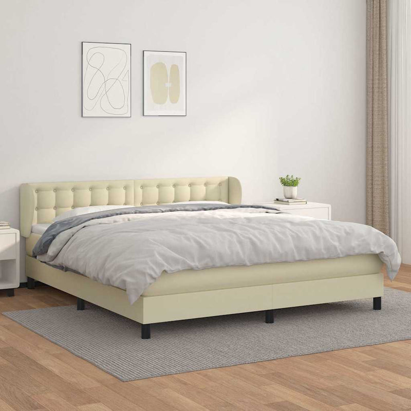 Pat box spring cu saltea, crem, 160x200 cm, piele ecologică