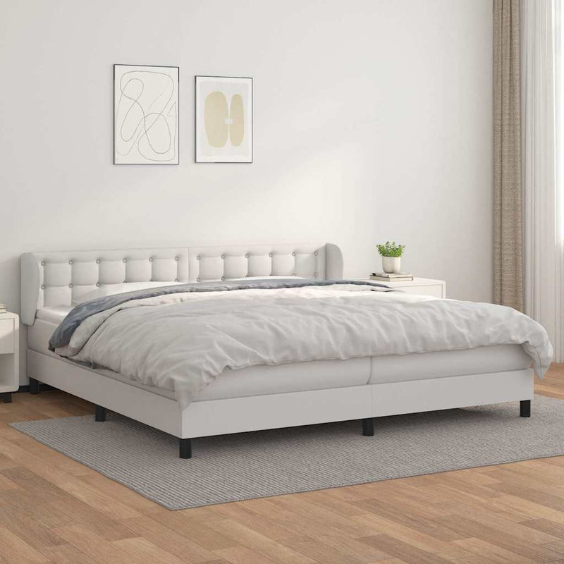 Pat cu arcuri, cu saltea, alb, 200x200 cm, piele ecologică