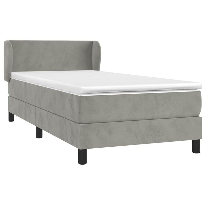 Pat box spring cu saltea, gri deschis, 90x200 cm, catifea