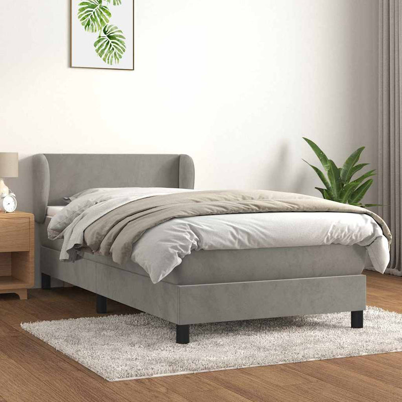 Pat box spring cu saltea, gri deschis, 90x200 cm, catifea