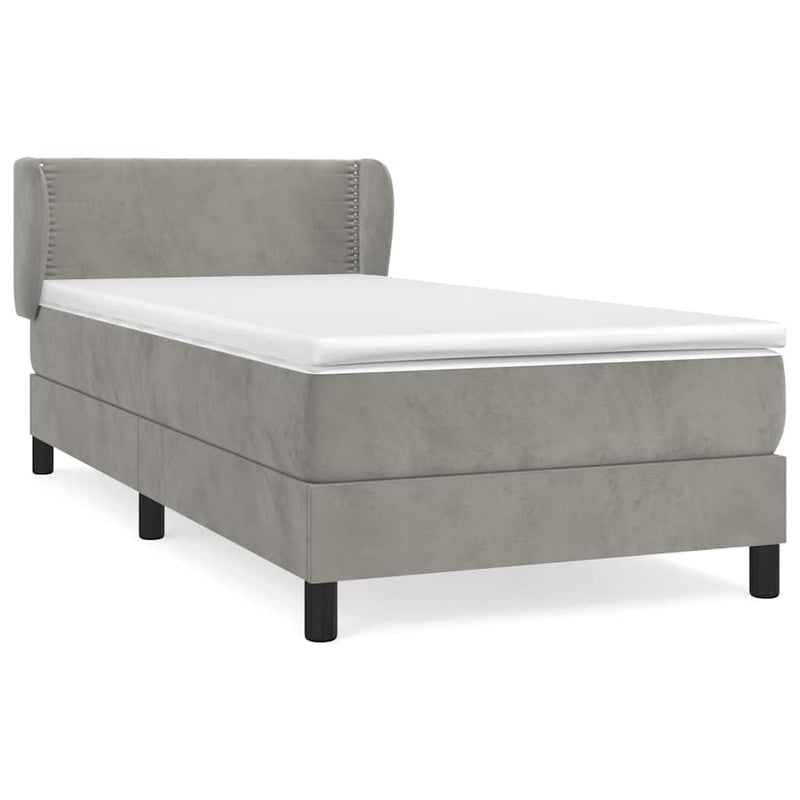 Pat box spring cu saltea, gri deschis, 90x190 cm, catifea
