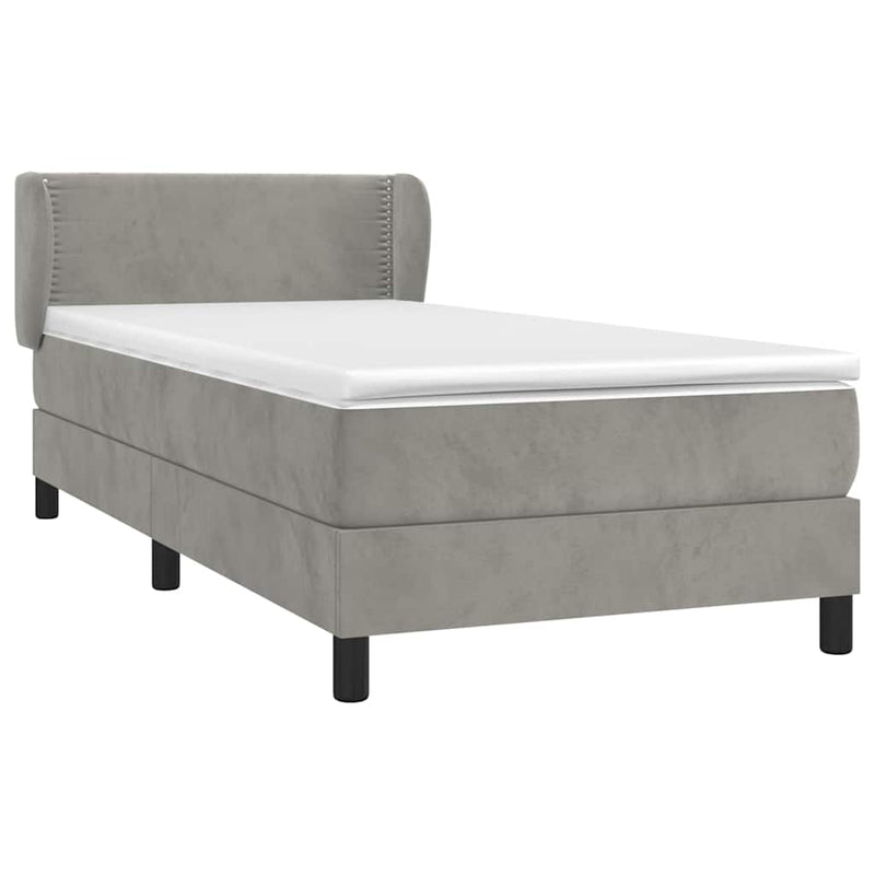Pat box spring cu saltea, gri deschis, 90x190 cm, catifea
