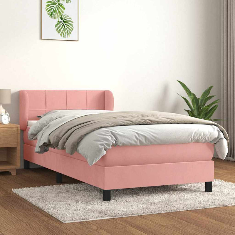 Pat box spring cu saltea, roz, 90x190 cm, catifea