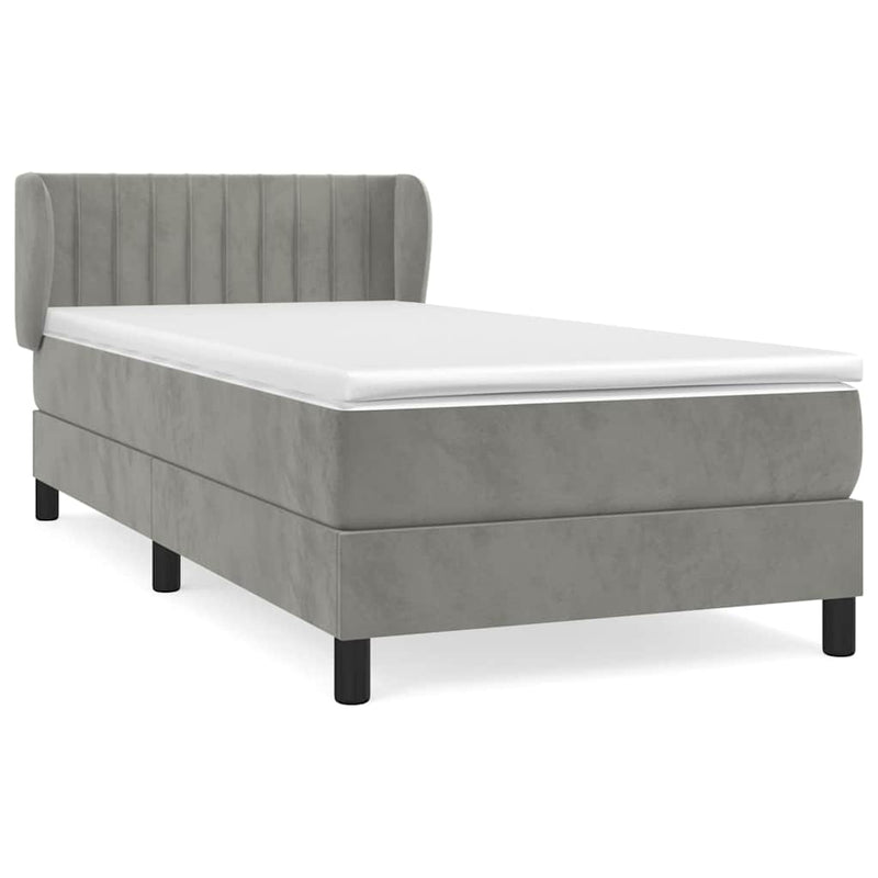 Pat box spring cu saltea, gri deschis, 90x200 cm, catifea