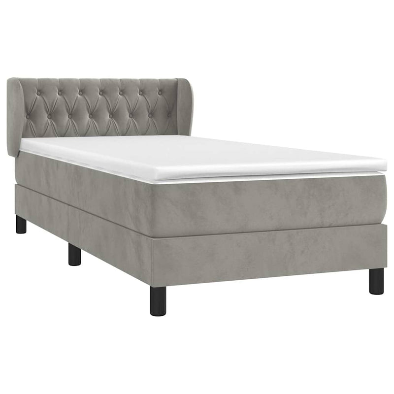 Pat box spring cu saltea, gri deschis, 90x190 cm, catifea