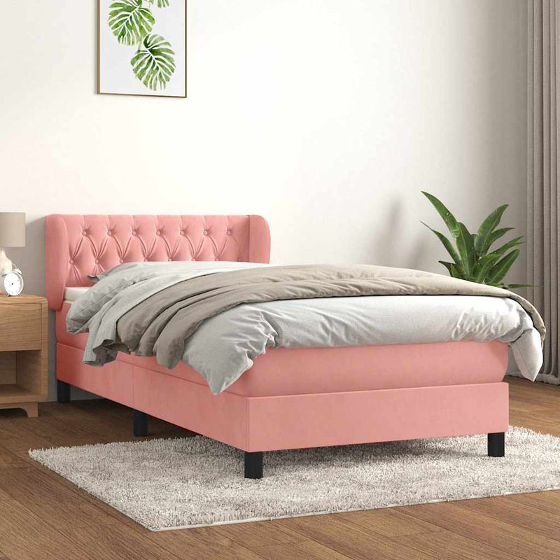 Pat box spring cu saltea, roz, 90x200 cm, catifea