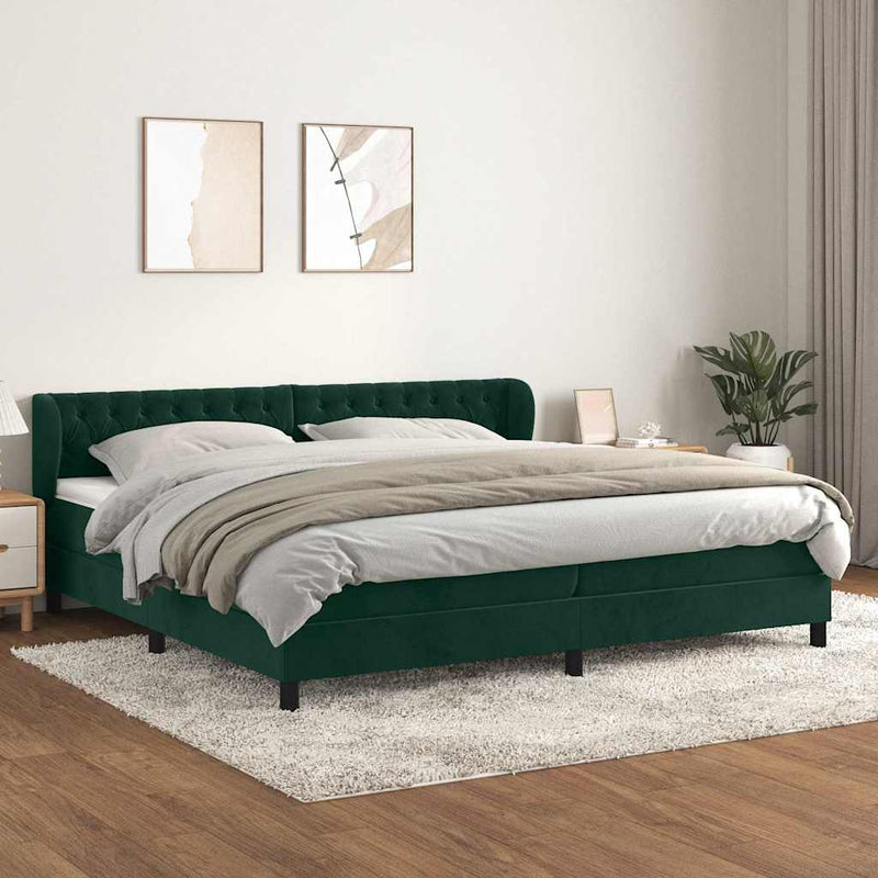 Pat box spring cu saltea, verde închis, 200x200 cm, catifea