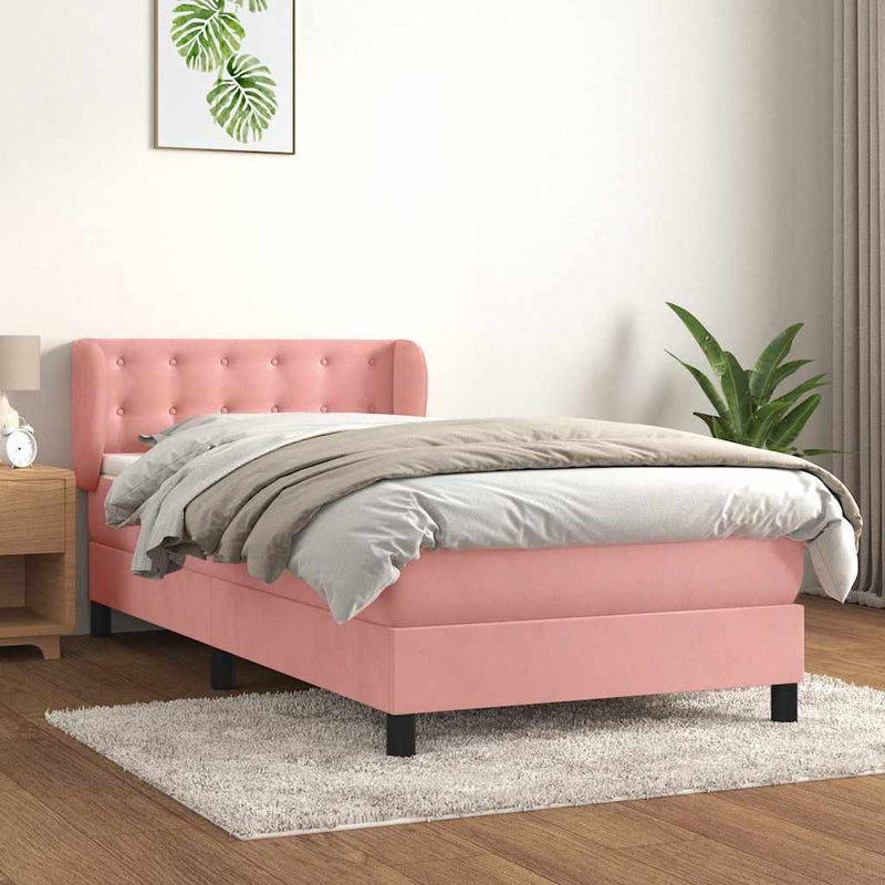 Pat box spring cu saltea, roz, 90x190 cm, catifea