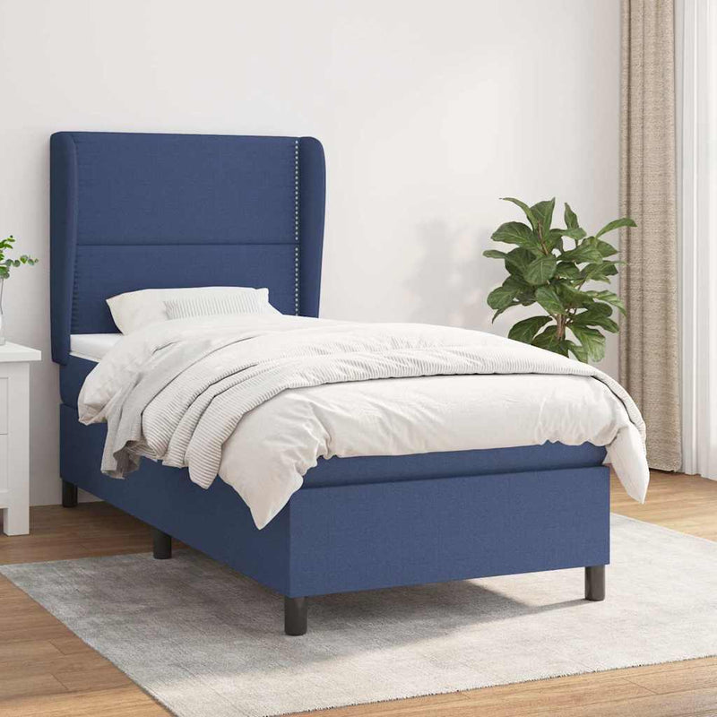 Pat box spring cu saltea, albastru, 100x200 cm, textil