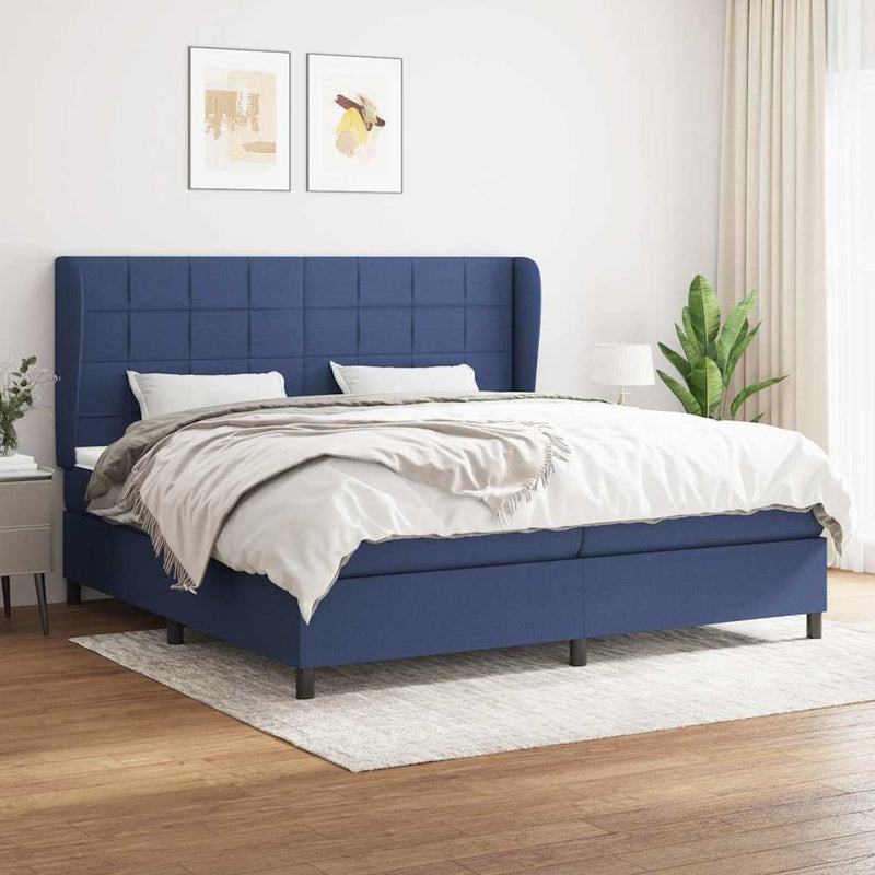 Pat box spring cu saltea, albastru, 200x200 cm, textil