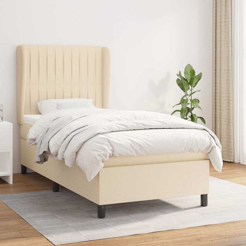 Pat box spring cu saltea, crem, 90x190 cm, textil