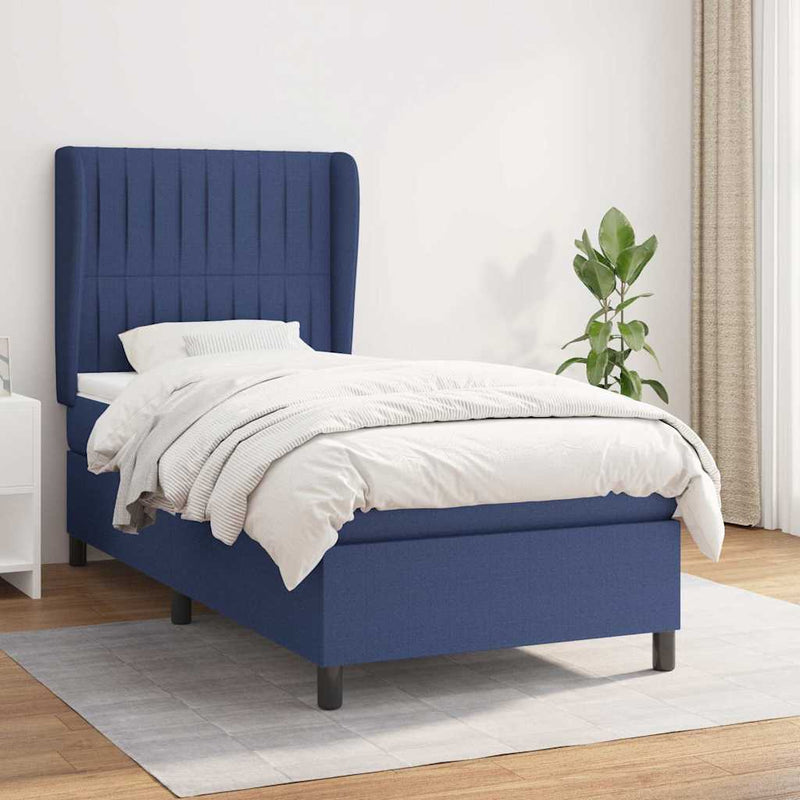Pat box spring cu saltea, albastru, 90x190 cm, textil