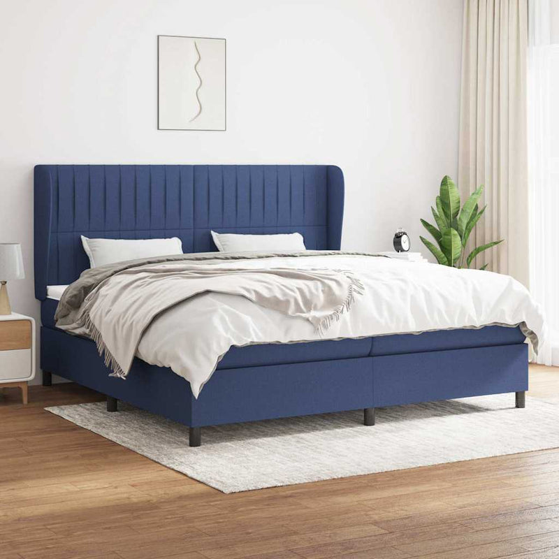 Pat box spring cu saltea, albastru, 200x200 cm, textil