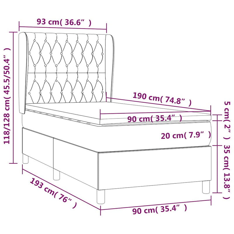 Pat box spring cu saltea, crem, 90x190 cm, textil