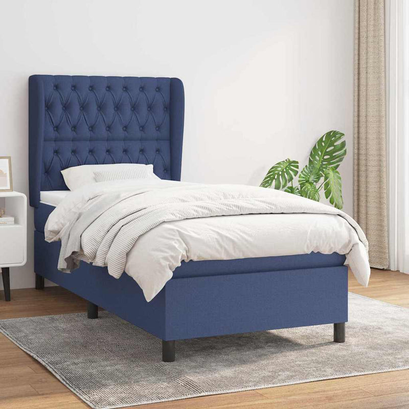 Pat box spring cu saltea, albastru, 90x200 cm, textil
