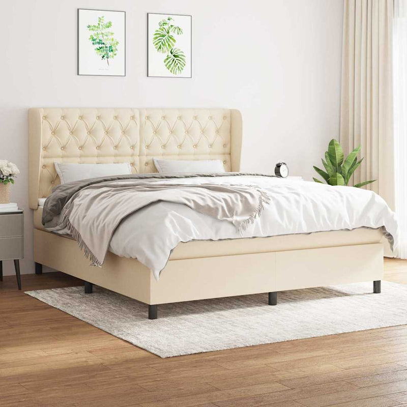 Pat box spring cu saltea, crem, 160x200 cm, material textil