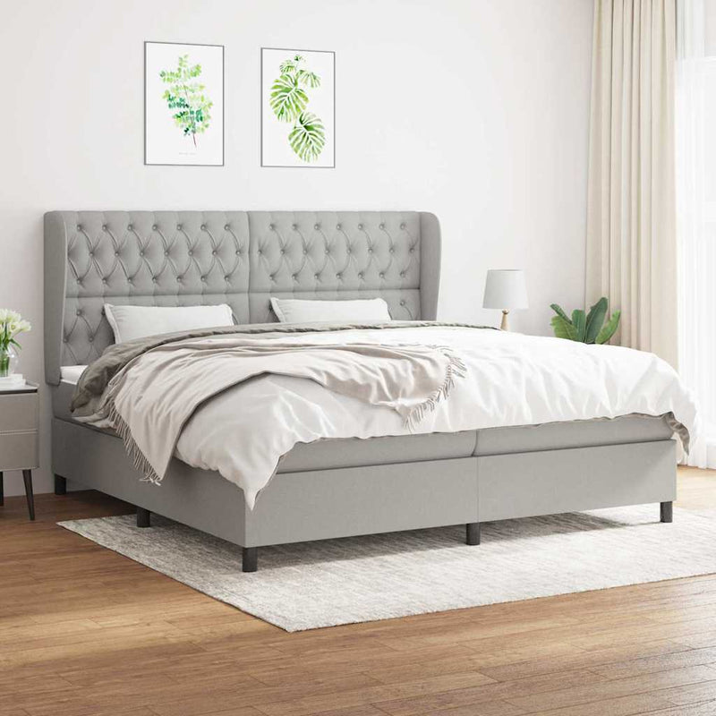 Pat box spring cu saltea, gri deschis, 200x200 cm, textil