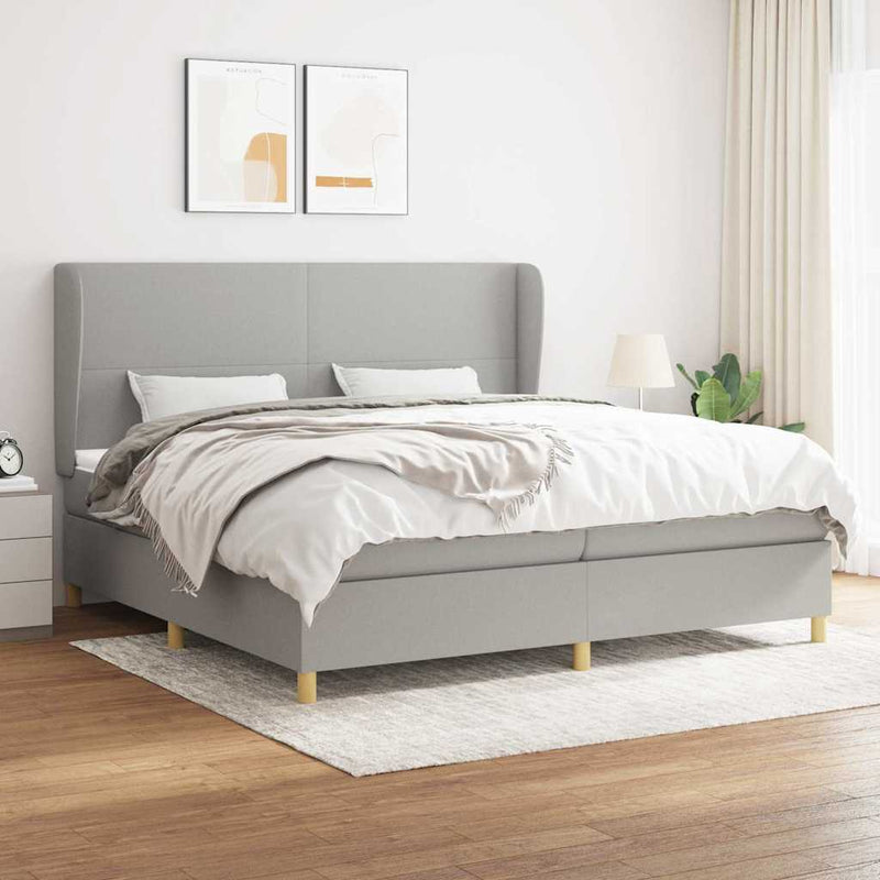 Pat box spring cu saltea, gri deschis, 200x200 cm, textil