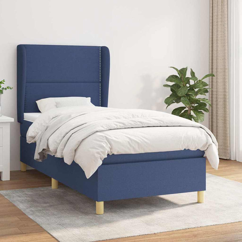 Pat box spring cu saltea, albastru, 90x190 cm, textil