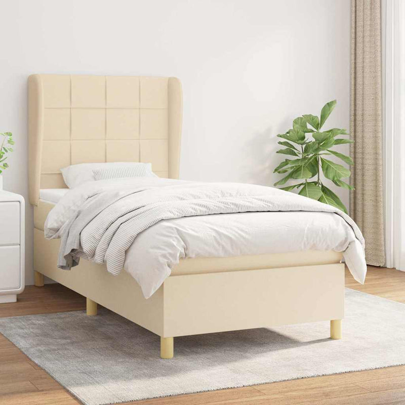 Pat box spring cu saltea, crem, 90x190 cm, textil