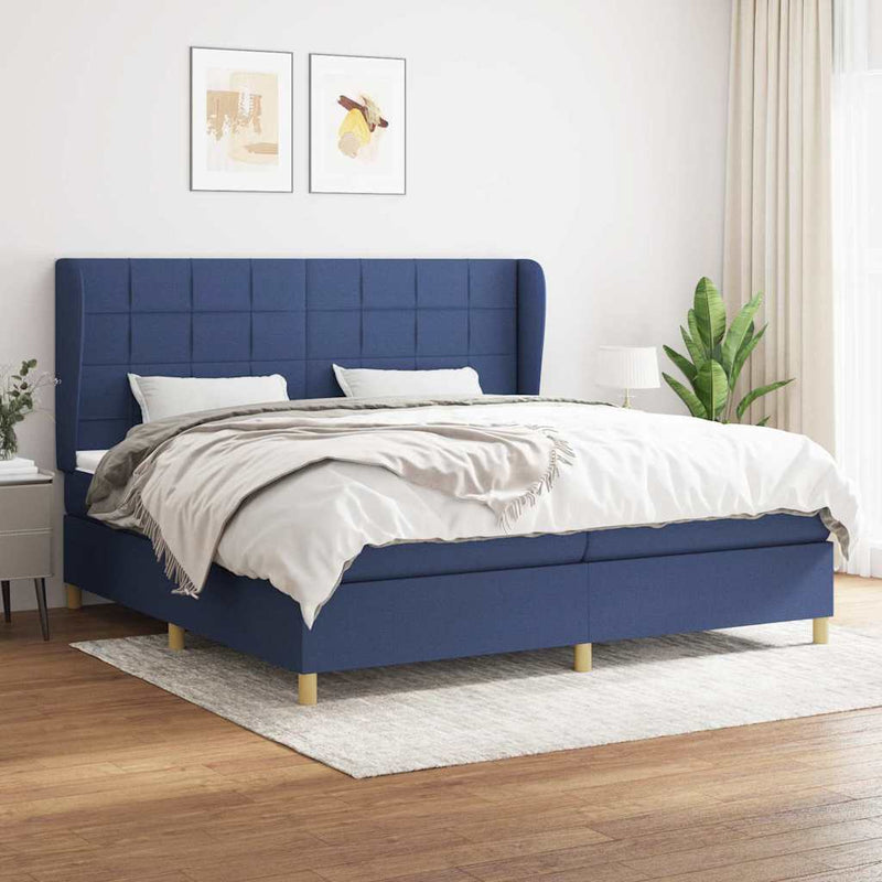 Pat box spring cu saltea, albastru, 200x200 cm, textil