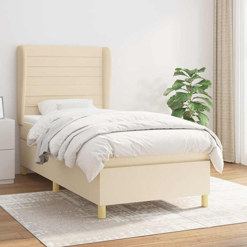 Pat box spring cu saltea, crem, 90x190 cm, textil