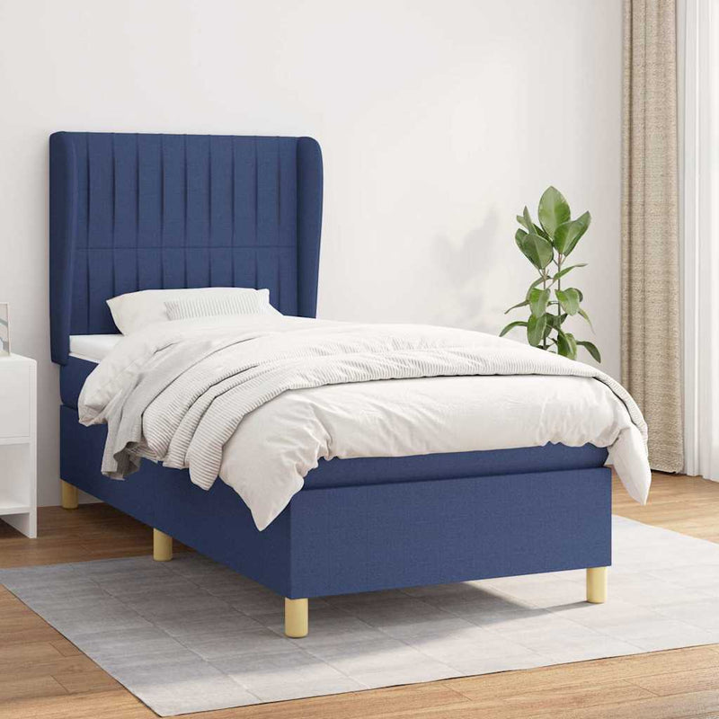 Pat box spring cu saltea, albastru, 100x200 cm, textil
