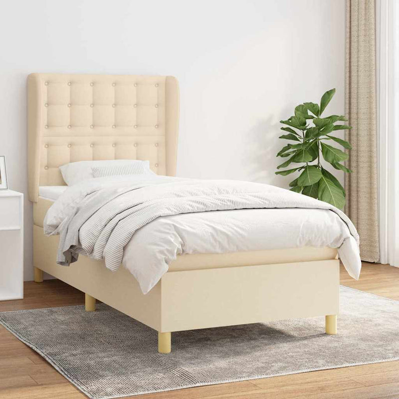 Pat box spring cu saltea, crem, 90x190 cm, textil