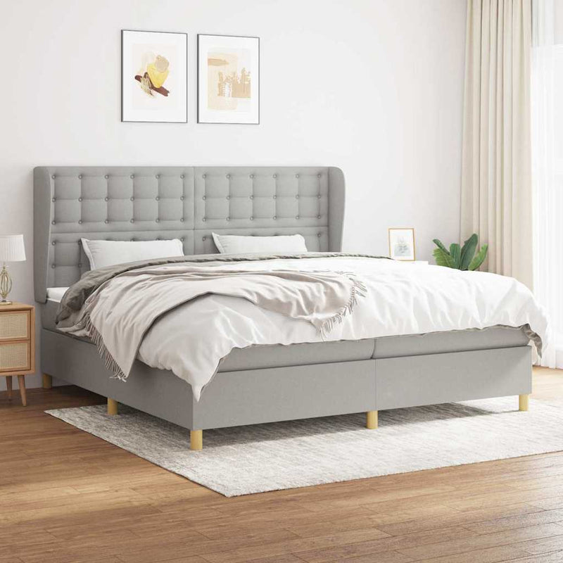Pat box spring cu saltea, gri deschis, 200x200 cm, textil