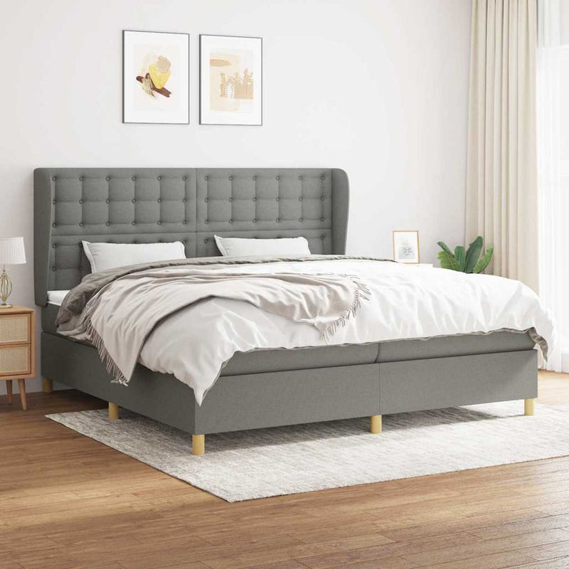 Pat box spring cu saltea, gri închis, 200x200 cm, textil