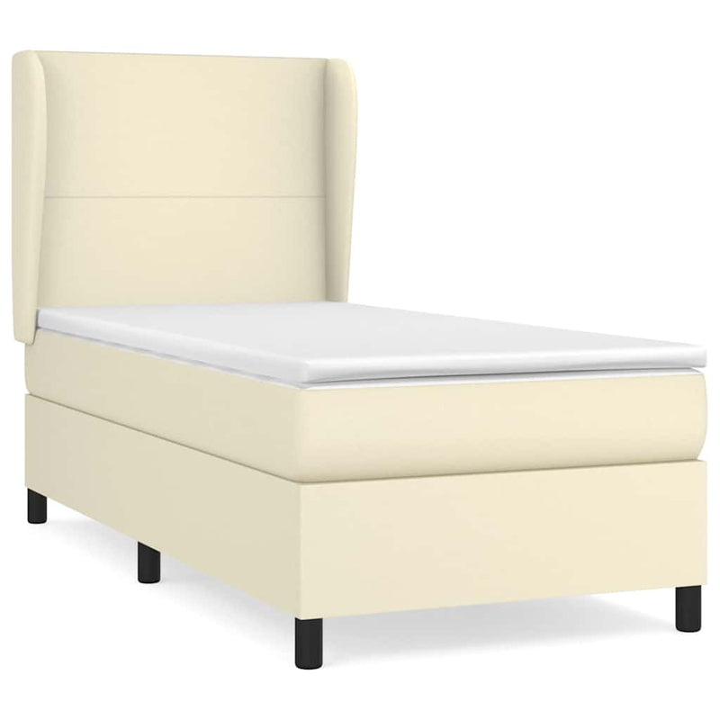 Pat box spring cu saltea, crem, 90x200 cm, piele ecologică