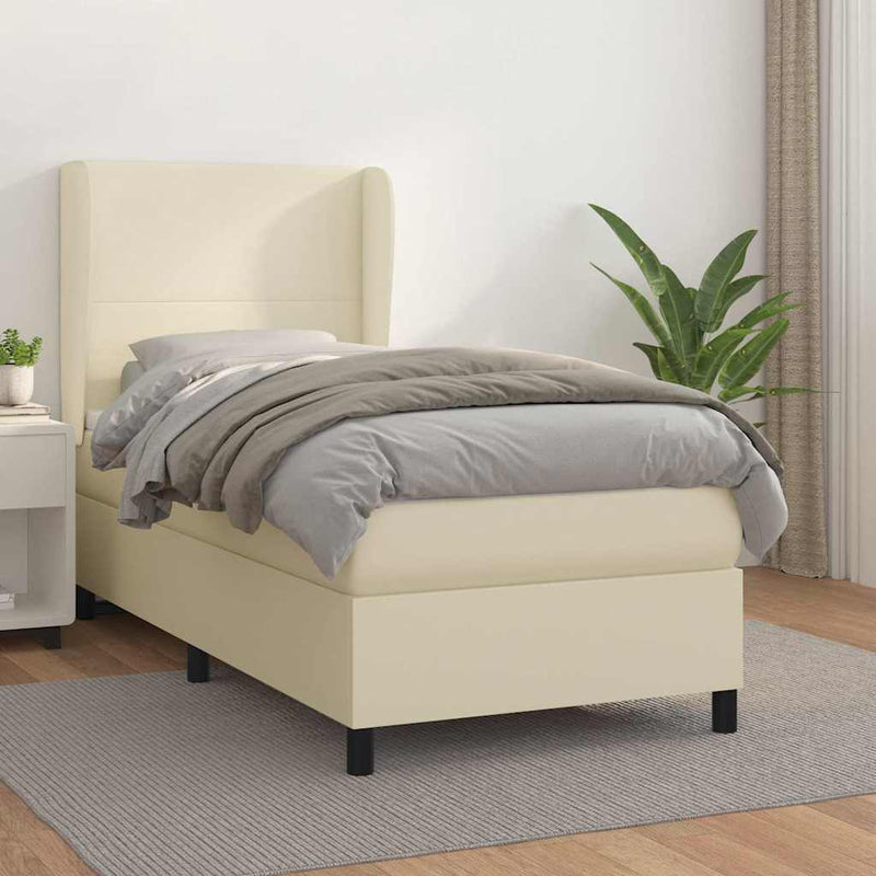 Pat box spring cu saltea, crem, 90x200 cm, piele ecologică