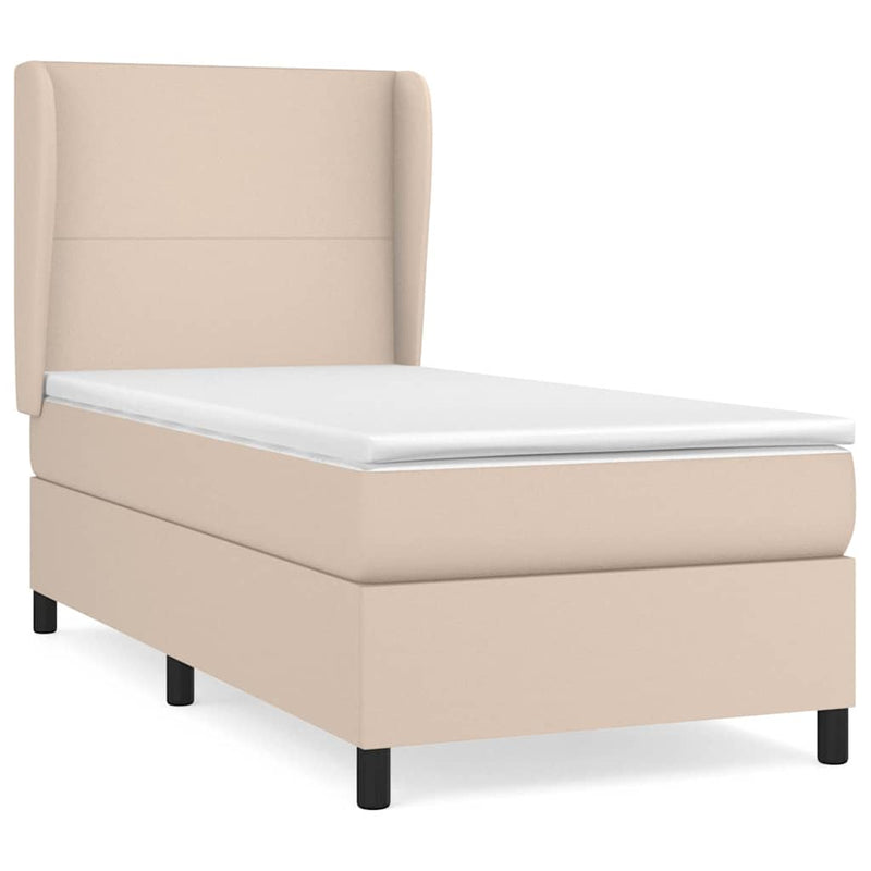 Pat box spring cu saltea, cappuccino, 90x200 cm piele ecologică