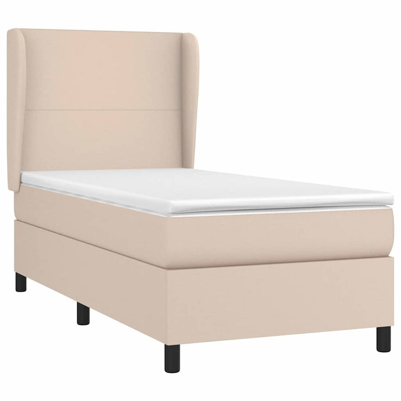 Pat box spring cu saltea, cappuccino, 90x200 cm piele ecologică