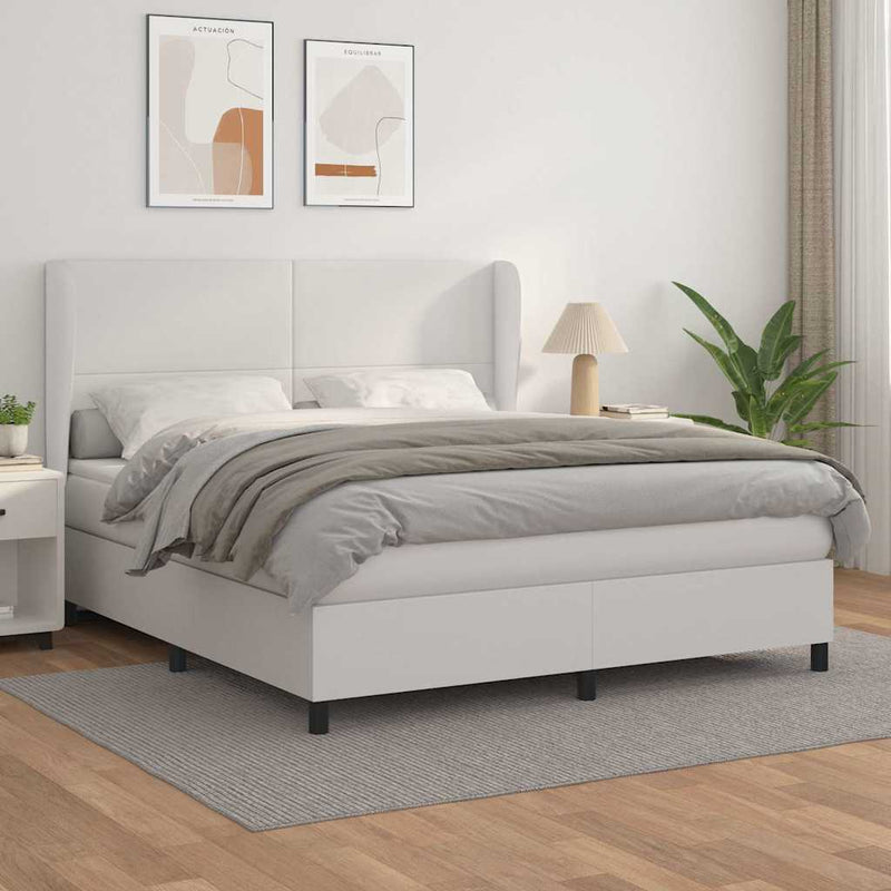 Pat box spring cu saltea, alb, 160x200 cm, piele ecologică