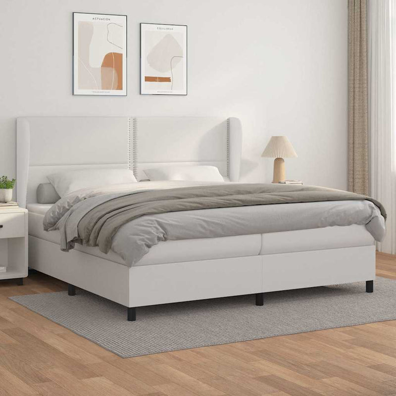 Pat box spring cu saltea, alb, 200x200 cm, piele ecologică