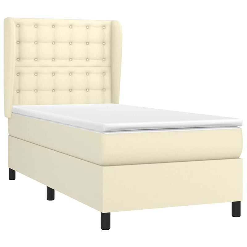 Pat box spring cu saltea, crem, 90x190 cm, piele ecologică