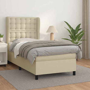 Pat box spring cu saltea, crem, 90x190 cm, piele ecologică
