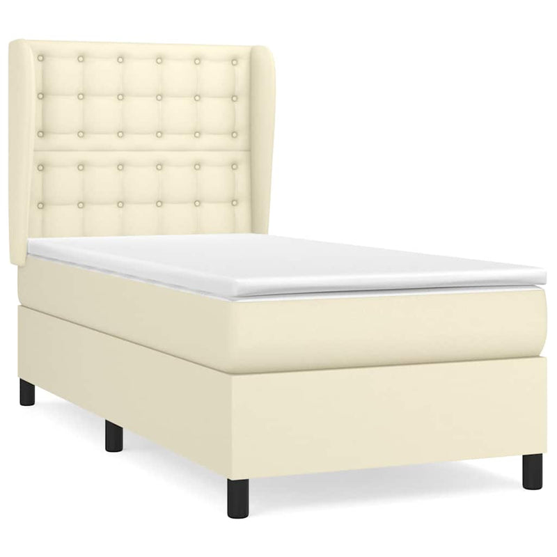 Pat box spring cu saltea, crem, 90x200 cm, piele ecologică