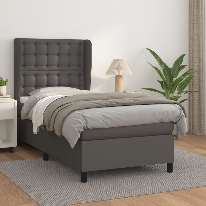 Pat box spring cu saltea, gri, 90x200 cm, piele ecologică