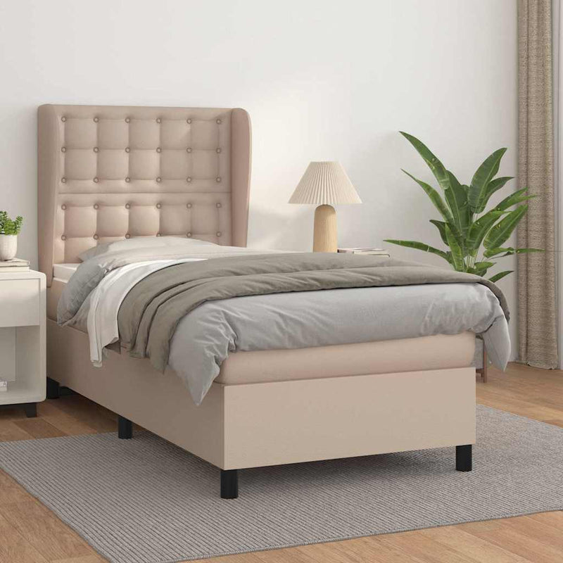 Pat box spring cu saltea, cappuccino, 90x200 cm piele ecologică
